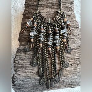 Bohemian Brass Bead Coin Feather Dangle Waterfall Statement Necklace